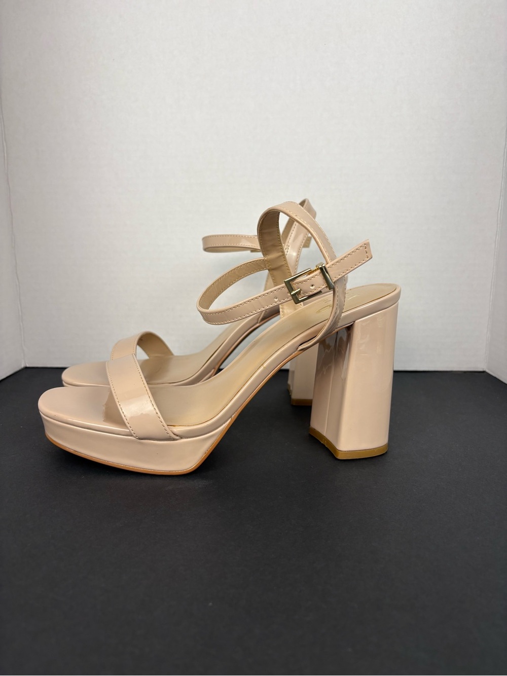 Nude Patent Block Heel Sandals with Ankle Strap
